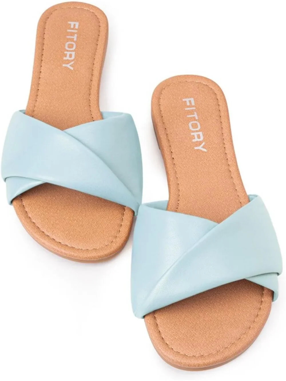 Women's Baby Blue Flat Sandals Fashion Slides With Leather Slippers for Summer